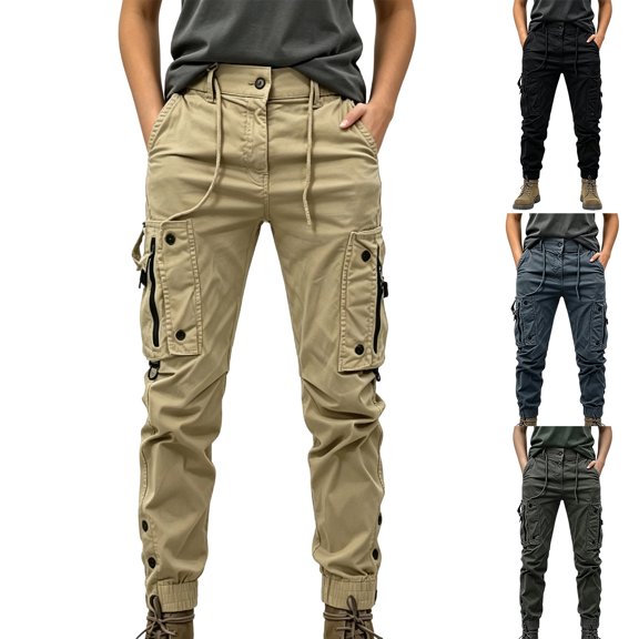 Women's Casual Tactical Cargo Pants Button Closure Drawstring Tapered Workwear Pants with Pockets Outdoor Streetwear Hiking Pants Khaki