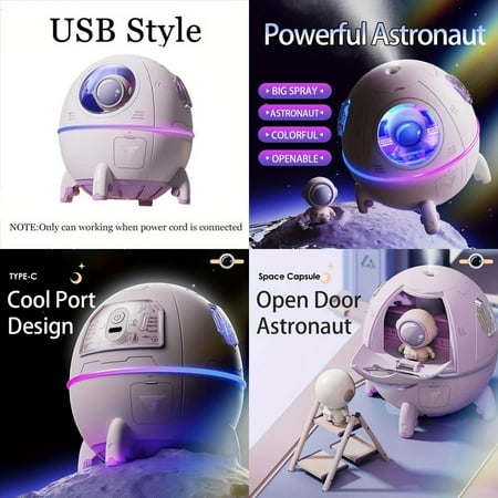 

1pc Portable Rechargeable Ultrasonic Astronaut Space Capsule Cool Mist Aromatherapy Water Diffuser - Relaxing & Refreshing LED Light Air Humidifier for Home & Office - Essential Oil Diffu