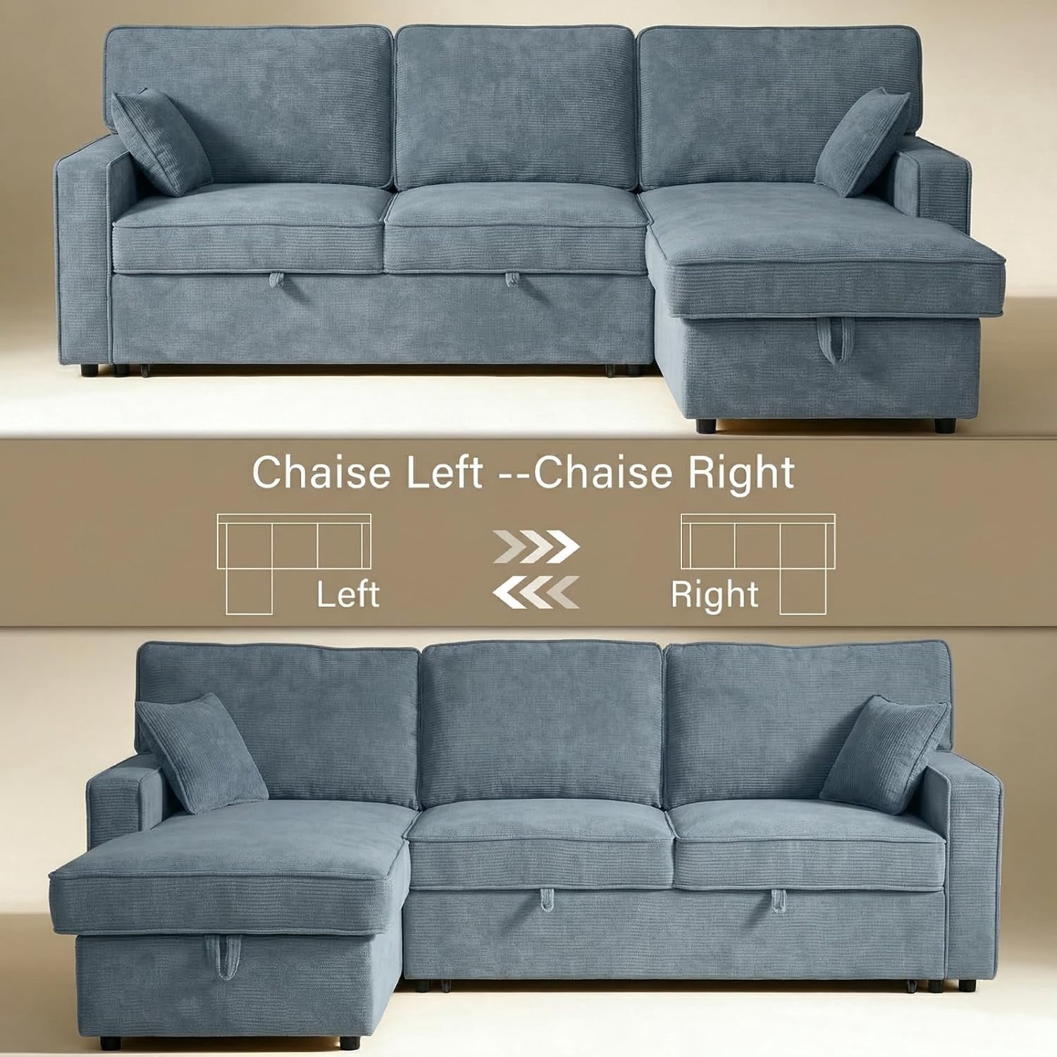 Howcool Sectional Sleeper Sofa,L Shaped Chenille Convertible Sofa Bed 89" 3 Seater with Flip-Down Center Console & USB Charging Ports,Pull Out Couch for Living Room Apartment Office,Blue