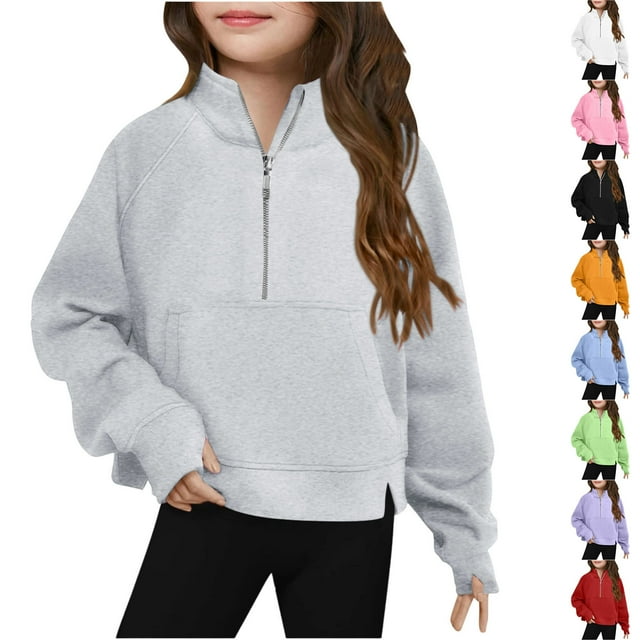MKOSPLRT Zip Mock Neck Sweatshirts for Girl 5-14Y Long Sleeve Slit Hem Raglan Pullover Tops with Thumb Holes Solid Crop Sweatshirts Pockets