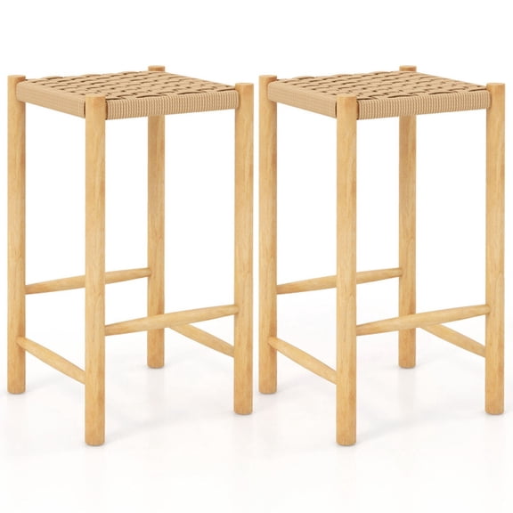 Furnibear Dining Bar Stools Set of 2 with Woven Paper Rope Seat and Rubber Wood Frame for Kitchen Island Counter, Natural