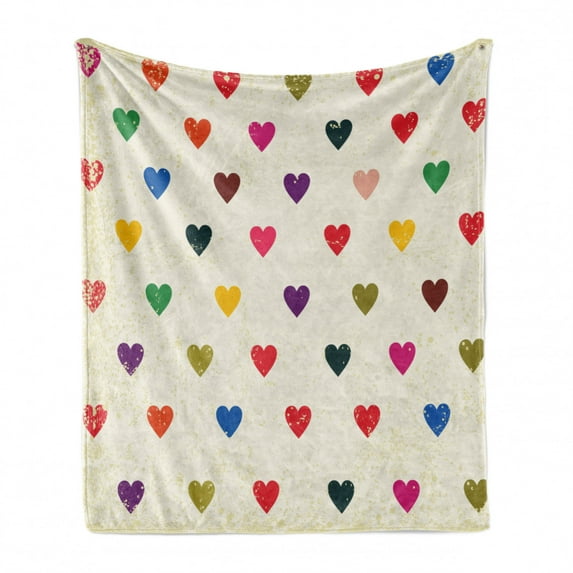 Colorful Soft Flannel Fleece Throw Blanket, Vintage Tile of Hearts with Distressed Grungy Look Valentine`s Day Love Theme, Cozy Plush for Indoor and Outdoor Use, 70" x 90", Multicolor, by Ambesonne