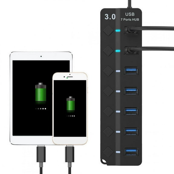 Kritne 7-port USB 3.0 Hub 5GB/S High Speed with Key Switch Power Adapter USB HUB for PC (Black), Multi-port USB hub