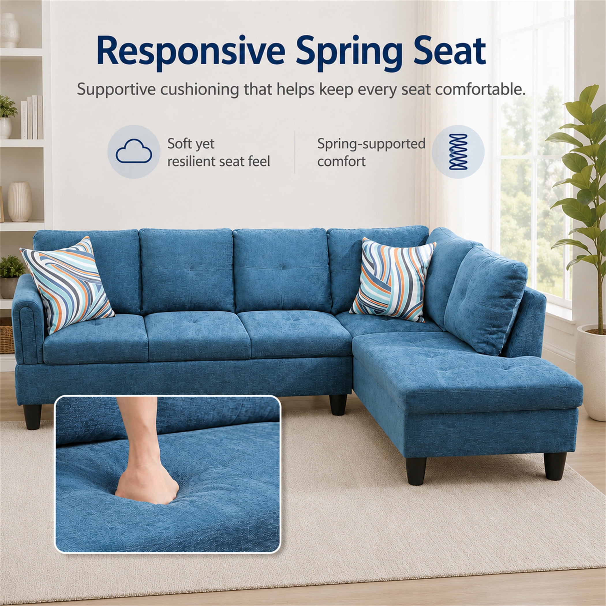 Aukfa 97" Classic Sectional Sofa 4 Seat L shape Couch with Oversized Right Chaise for Living Room, 2Pillows, Linen, Blue