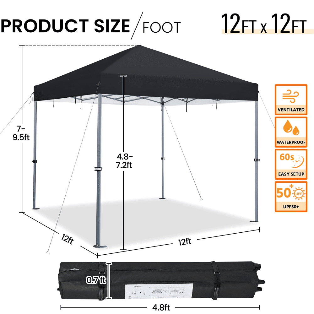 Alden Design 12x12FT Pop-up Canopy Lock with One Push for Outdoor, Black