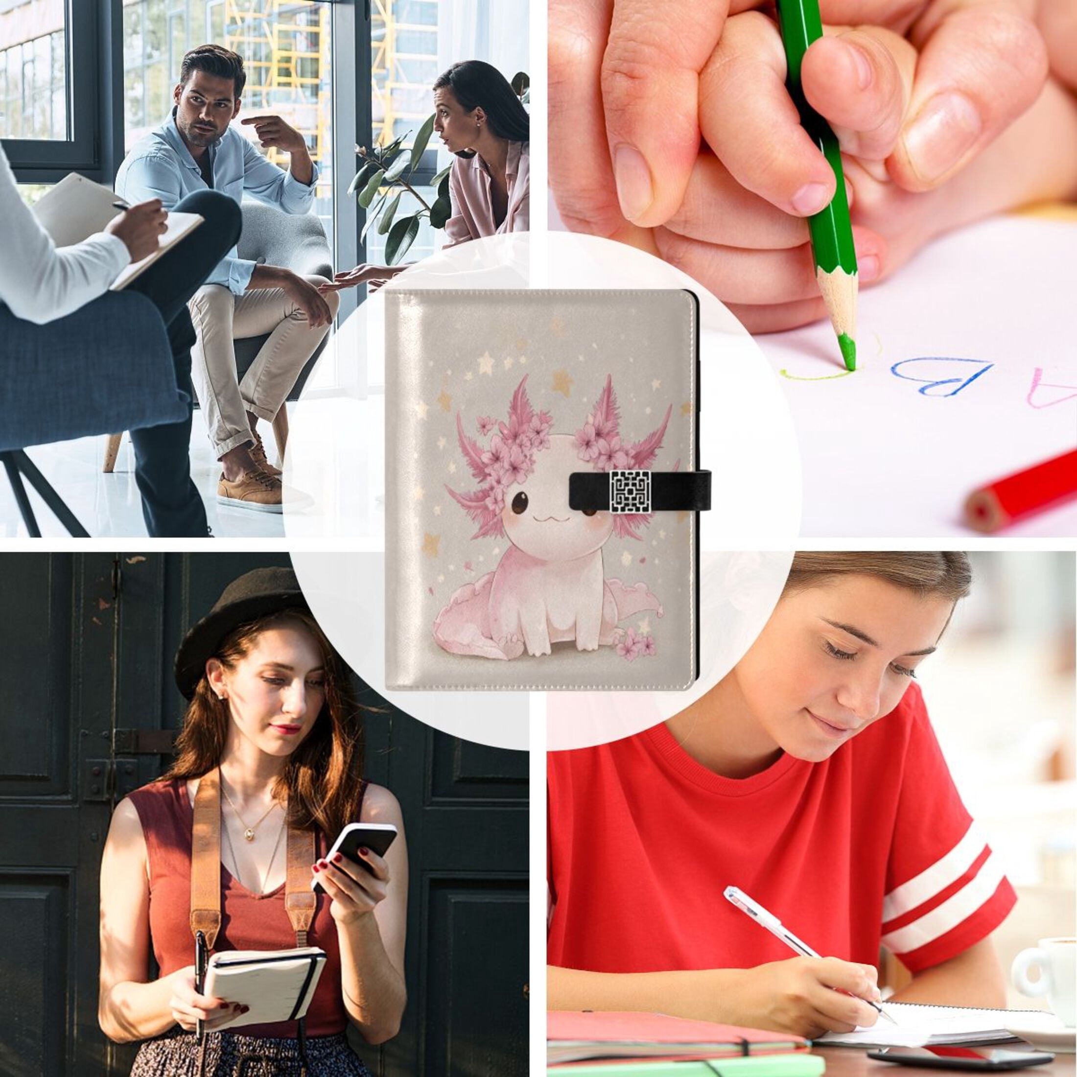 Leather Planner Leather Notebook Notebook Journal Binder Design Pen Pocket Design Convenient for Storage Cute Axolotl Pink