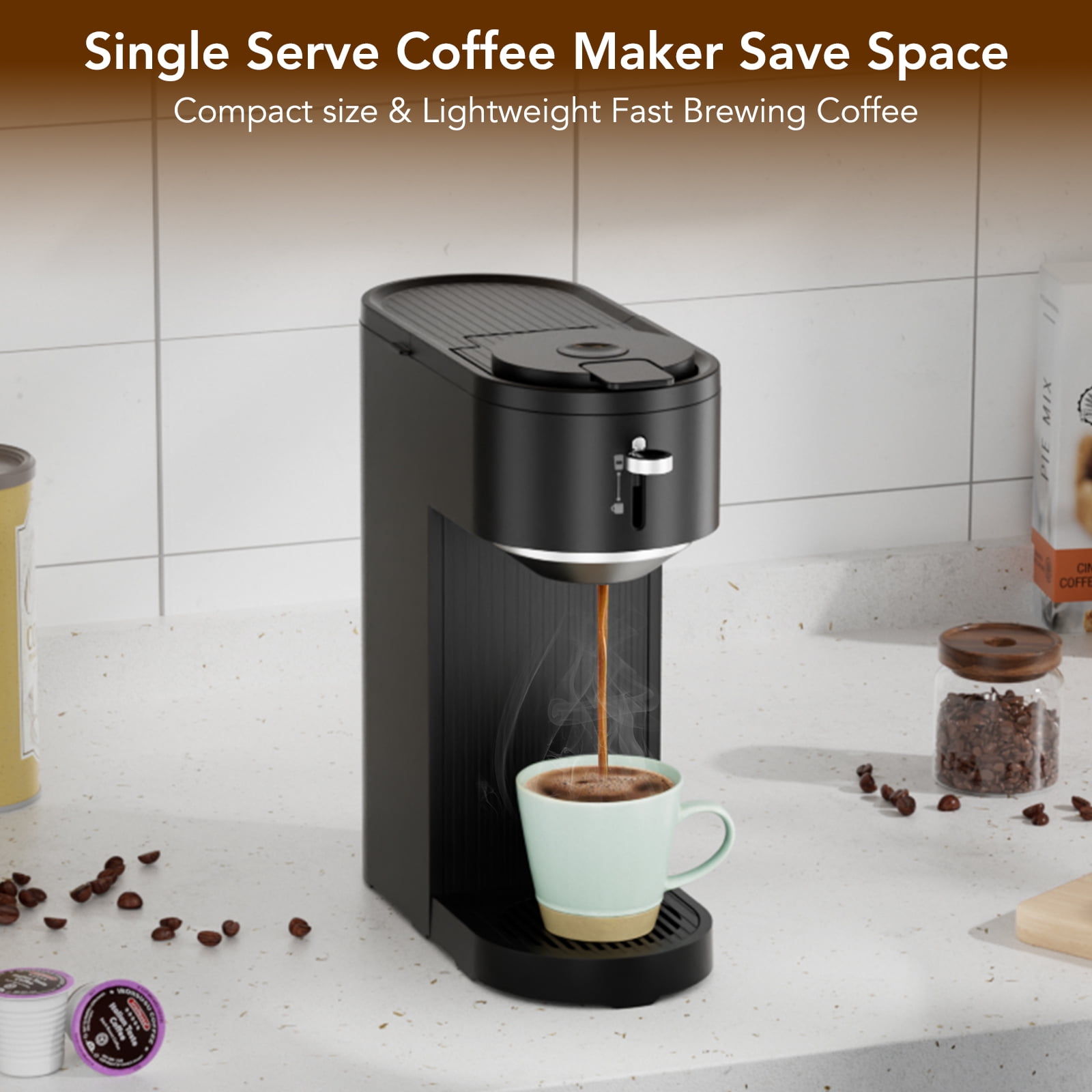 KNDKO Single Serve Coffee Maker for K Cup POD or Ground Coffee, Coffee Machine with 14oz Water Tank, Adjustable Funnel Handle, Self-Clean