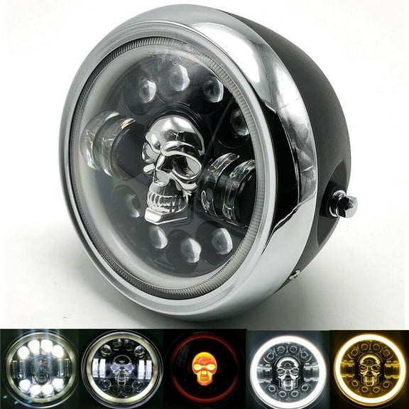 BHYShop Motorcycle Skull Side Mount Headlight For Honda Retro Vintage Cafe Racer Cruiser, Black