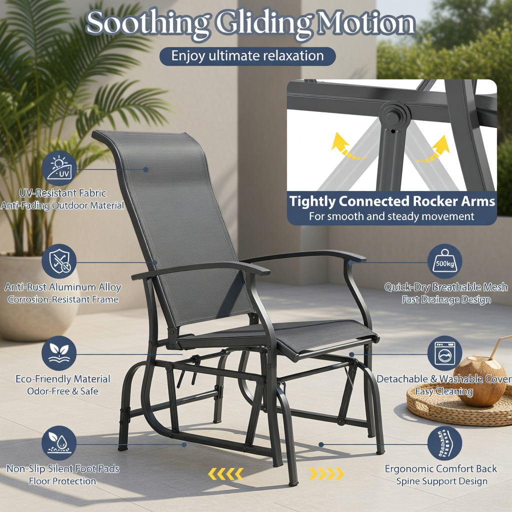 Hommoo 2-Piece Outdoor Glider Chair Set, Ergonomic Patio Rocking Chairs with Breathable Fabric Seats and Heavy-Duty Metal Frame, Gray