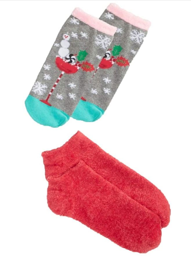 HUE Women's Footsie Ankle Sock Gift Box Set 2 Pair, Red, Grey, Snowman