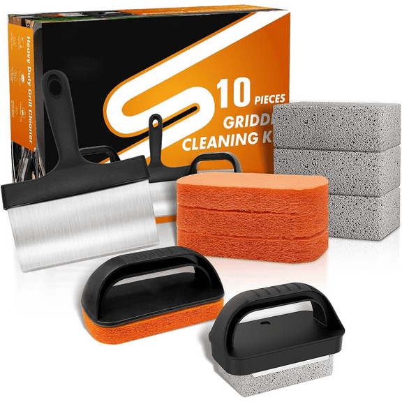 Griddle Cleaning Kit for Blackstone, Flat Top Grill Cleaning Kit with Grill Stone, Upgraded Scouring Pads & Griddle Scraper & Brush with Handle - Easy to Remove Stain (10 PCS)