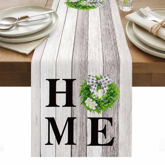 Rustic Table Runner - 90 Inch Long, Kitchen Dining Table Runner Dresser Scarves, Eucalyptus Leaves Green Wreath Wooden Plaid Home Farmhouse Decor for Coffee Tables Wedding Party Banquet