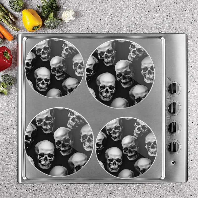 Bahomeck Gas Stove Burner Cover Set Of 4,Skulls Arranged In Eerie Metal Electric Stove Burner Covers,Protecting Gas Stoves,Kitchen Decor，8 Inch And 10 Inch