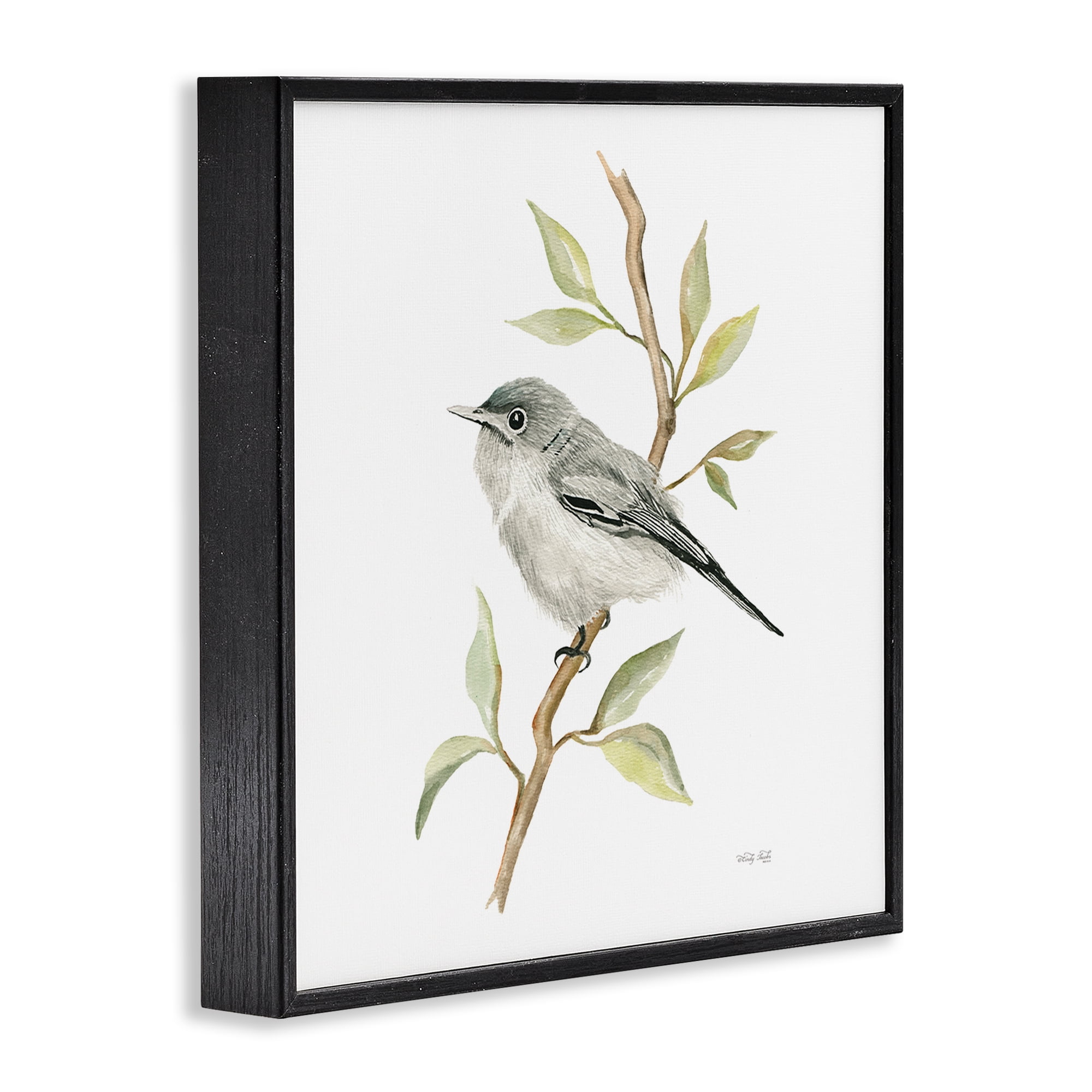 Stupell Industries Bird on Simple Branch Animals & Insects Painting Black Framed Art Print Wall Art, 17 x 17