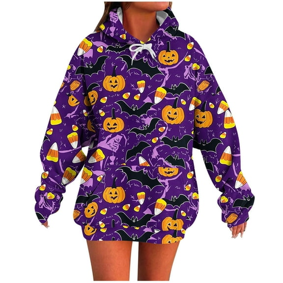 Halloween Oversized Hoodies for Women Funny Graphic Sweat Shirts Fall Loose Pullover Long Sleeve Sweater Purple, XL
