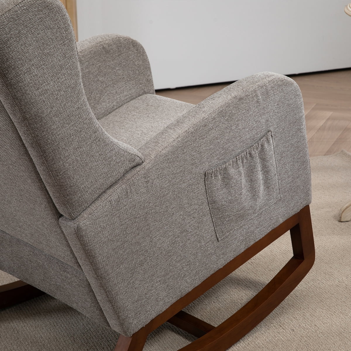 25.4"W Modern Rocking Chair for Nursery, Mid Century Accent Arm Rocker With Retractable Footrest, Side Pocket, Comfy Upholstered Wingback Wooden Glider Chair for Living Room Baby Kids Room. Taupe