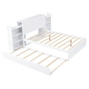 Euroco Full Size Wood Platform Bed with Trundle, Flexible 4-Tier Shelf in Headboard for Kids, White
