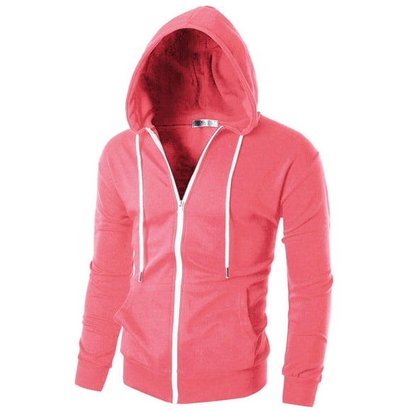 Ohoo Mens Slim Fit Long Sleeve Lightweight Zip-up Hoodie With Kanga Pocket/DCF002-PINK-L