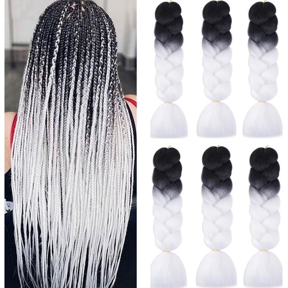 shiyou-Jumbo Box Braiding Hair Extensions 24 Inch Black to White High Temperature Synthetic Fiber 6 pcs Ombre Colored Braiding Hair Twist Crochet Braids for Black Women(24",B33)