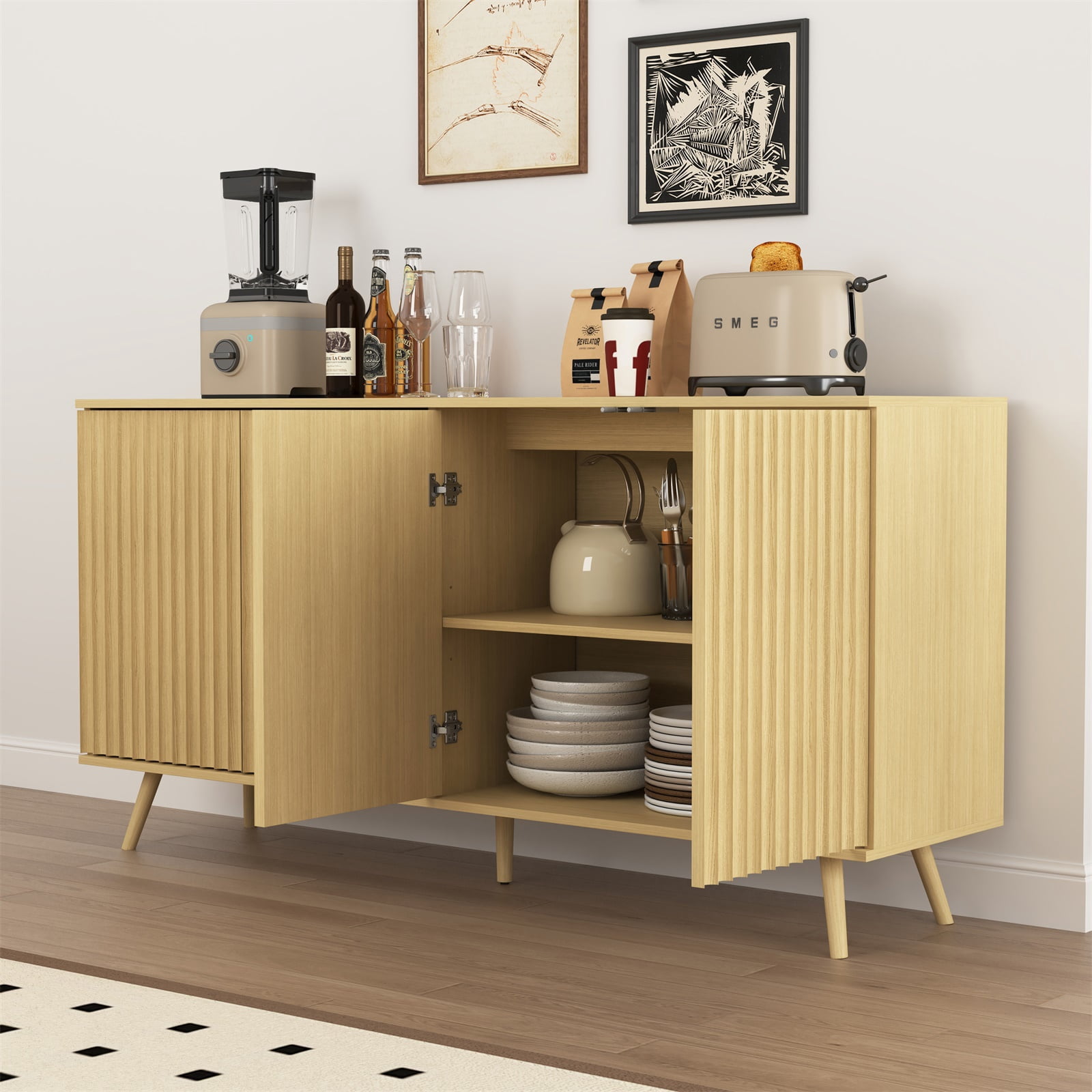 Hommoo Modern Wooden Sideboard Buffet Cabinet with Storage, Sideboard Storage Cabinet with 4 Doors, Multifunctional Credenza Console Coffee Bar Cabinets for Home, Office, Natural