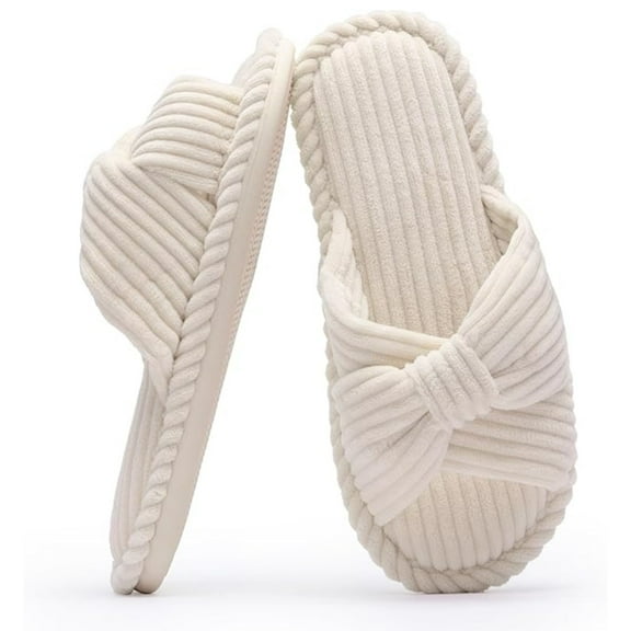 BERANMEY Comfy Slippers for Women Memory Foam House Bedroom Shoes Corduroy Bow Crossbands Slide Slipper Shoes Open Toe Slip On Sole Slippers SoftTrendy Gift Slippers