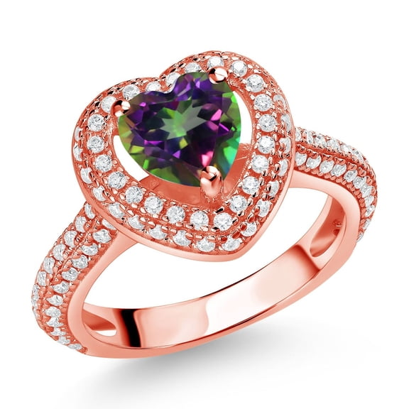 Gem Stone King 18K Rose Gold Plated Silver Green Mystic Topaz and White Moissanite Heart Shape Ring for Women (1.57 Cttw, Available in Size 5, 6, 7, 8, 9)