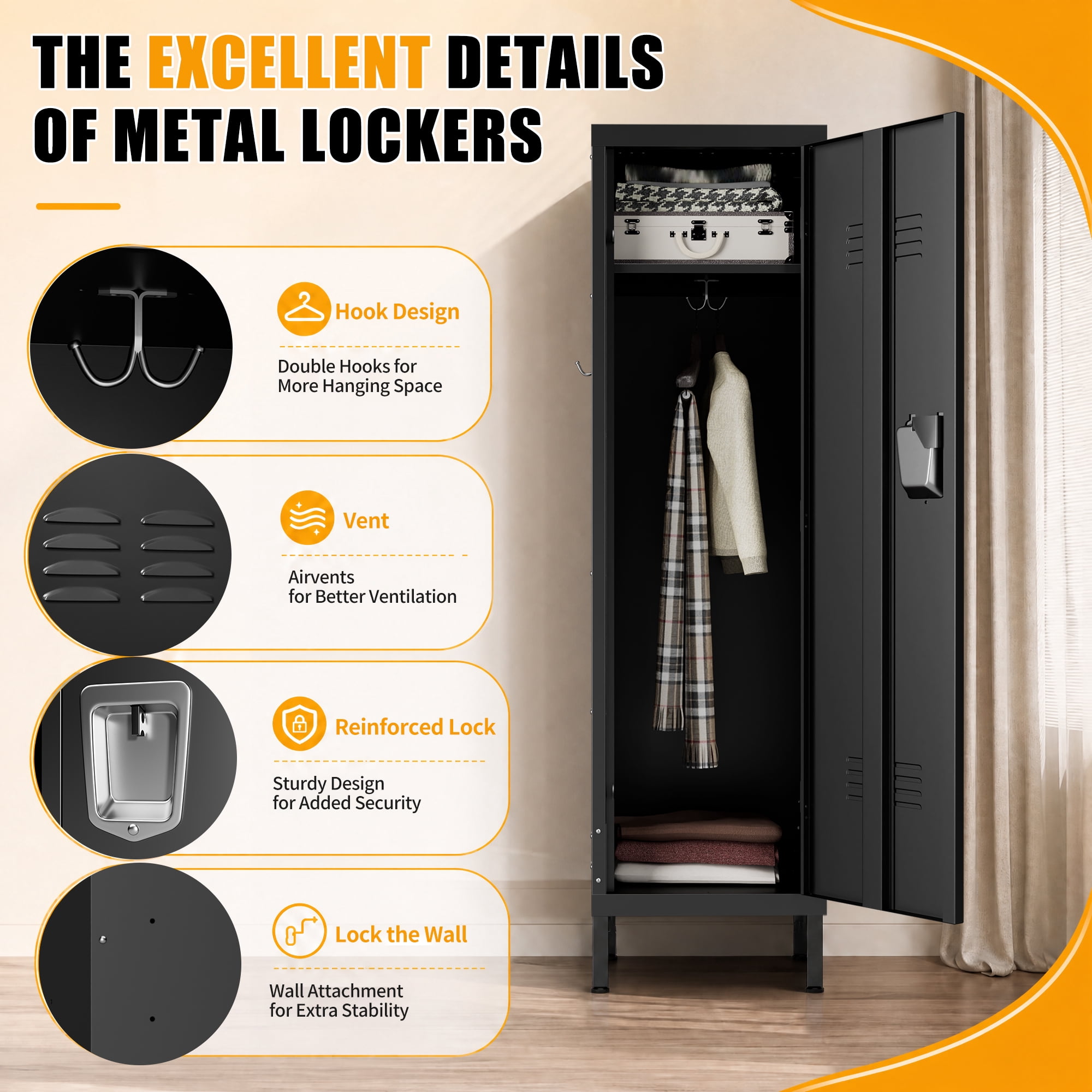 HOQBN 55" Tall Metal Wardrobe Cabinet,Waterproof Steel Clothing Storage Locker with Ventilated Door,Lock & Side Hooks,Vertical Bedroom Wardrobe for Small Apartment Home Office,Black