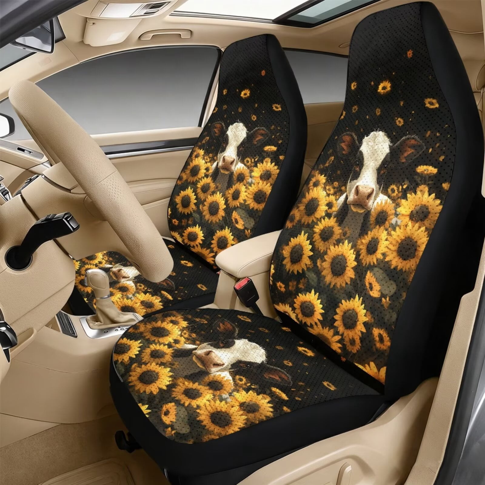 Xixirimido 5-Piece Car Seat Cover Set Breathable PU Leather Front Seat Covers with Seat Belt & Console Covers Universal Fit for SUV, Sedan, Truck, Black Cow Sunflower