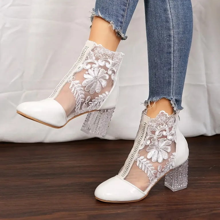 Rokment Lace Dress Boots for Women Bridal Wedding Sexy Floral Embroidered See Through Leather Patchwork Chunky Crystal High Heels Dressy Short Ankle Rokment Lace Dress Boots for Women Bridal Wedding Sexy Floral Embroidered See Through Leather Patchwork Chunky Crystal High Heels Dressy Short Ankle