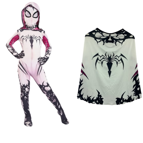 Women's Spider Print Bodysuit, Stretchy Full Cover Jumpsuit with Hood for Halloween Cosplay Parties, White M