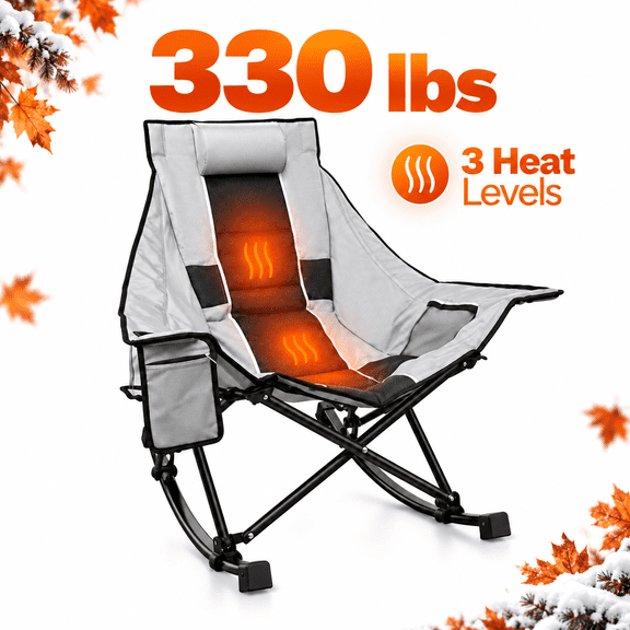 DKMOCO XL Oversized Heated Rocking Camping Chair for Adults,3 Heat Levels Heated,Cup Holder,600D Oxford,Heavy Duty 330 lbs Comfort Outside Rocker,Folding Lawn Chair with Back Support,Black Gray