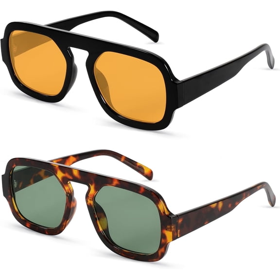 2PCS Sunglasses for Womens, Vintage Style Square Eyewear UV400 Protection Driving Sunglasses for Outdoor