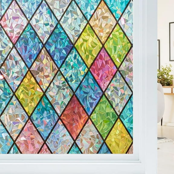 23.6" X 78.7" 3D Rainbow Window Privacy Film, Stain Glass Decorative Window Film, Static Cling Non-Adhesive, Lattice Decals Window Stickers, Heat Blocking Reusable Window Tint for Home