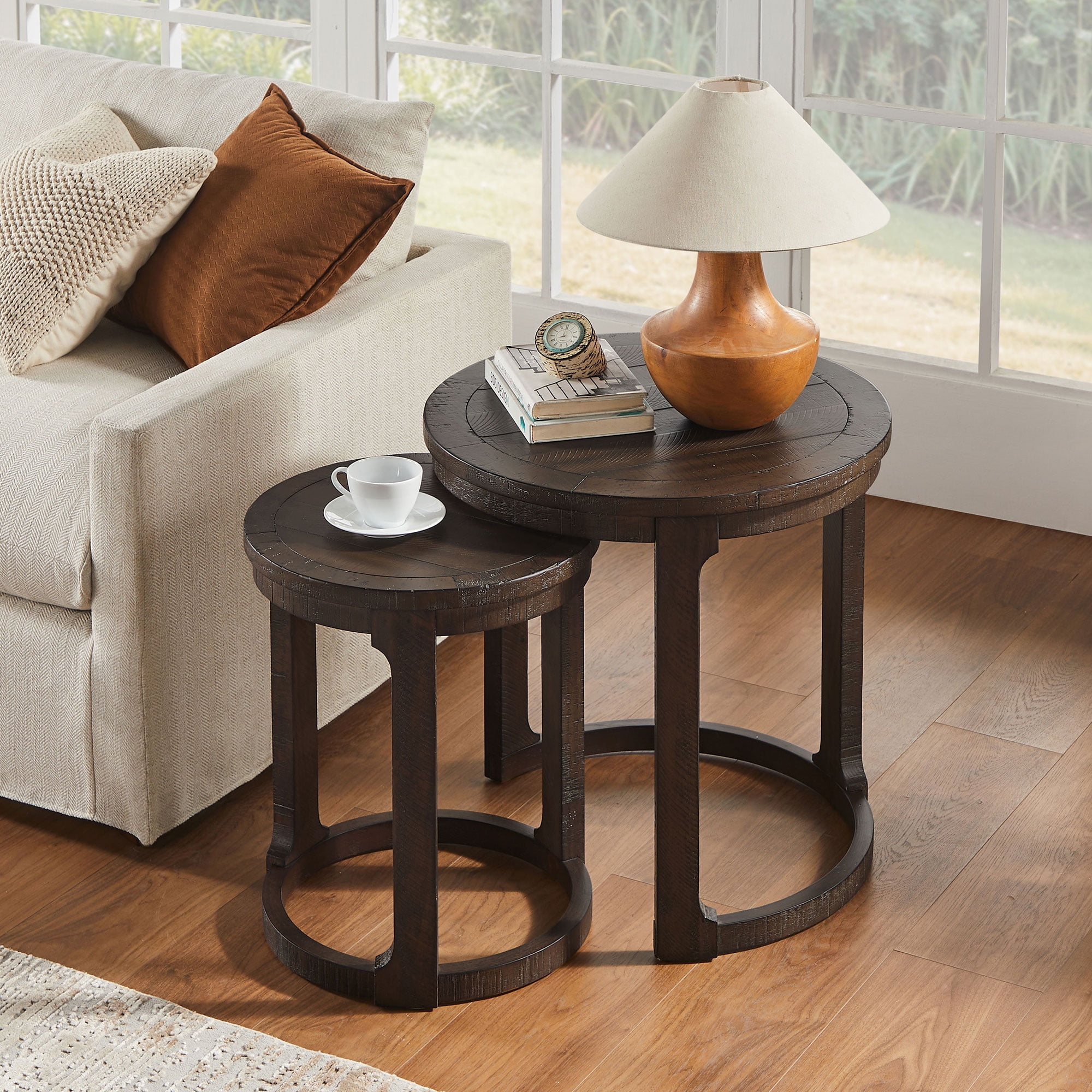 24 Inch Curved Round Coffee Table Set, Mid Century Rustic Style Nesting Side Tables with Staggered Height, Solid Wood and MDF Construction, Dark Brown Finish