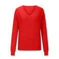 thumbnail image 4 of Women's V Neck Chest Pocket Sweater, Drop Shoulder Long Sleeve Pullover, Solid Color Knit Top, Casual Loose Fit Blouse, Everyday Comfort Wear with Front Pocket Red XXL, 4 of 6