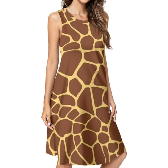 Brown yellow giraffe print pattern Spring Summer Dresses for Women Fashion T-shirt Dress Casual Sleeveless Loose Sundress with Pockets