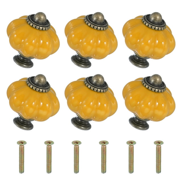 6 Paquetes de Perillas de Cerámica, Perillas de Cajón de Cerámica en Forma de Calabaza con Tornillo de Montaje M4 x 25mm para Cajón de Armario, Naranja Amarillo