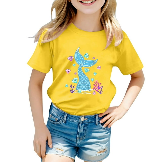 NINGMENG Hauts et T-Shirts pour Filles Enfants Imprimé Graphique Océan Mignon Col Rond Manches Courtes Chandail T-Shirts Usage Quotidien, Jaune, 8-9 Ans