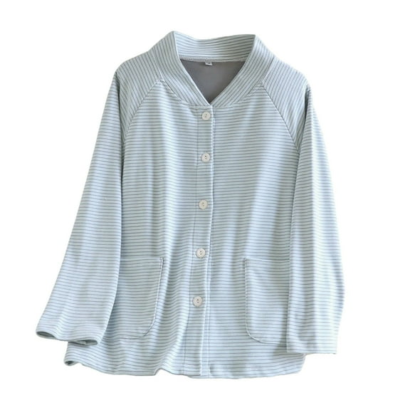 biudgviw Pajama Tops for Women Fall Winter Button Down V Neck Striped Loungewear Comfy Loose Long Sleeve with Front Pockets