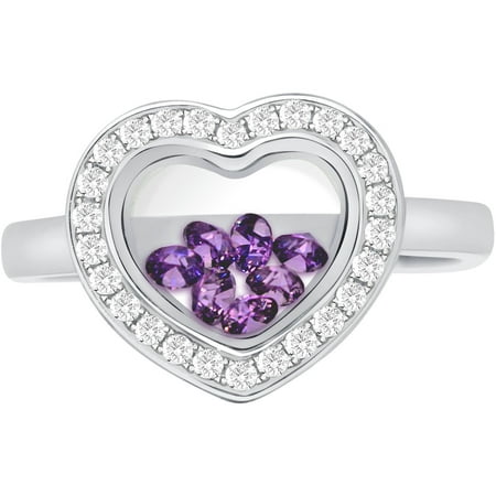 Chetan Collection Floating Purple CZ Sterling Silver Designer Heart-Shape Ring
