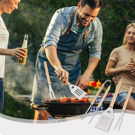 Barbecue Grilling Utensils Set Of 3 Stainless Steel Tools With Wood Handle Fork Slotted Turner Barbecue Tongs Good BBQ Accessories For Outdoor Camping Party, crgrtght 2025 Barbecue Grilling Utensils