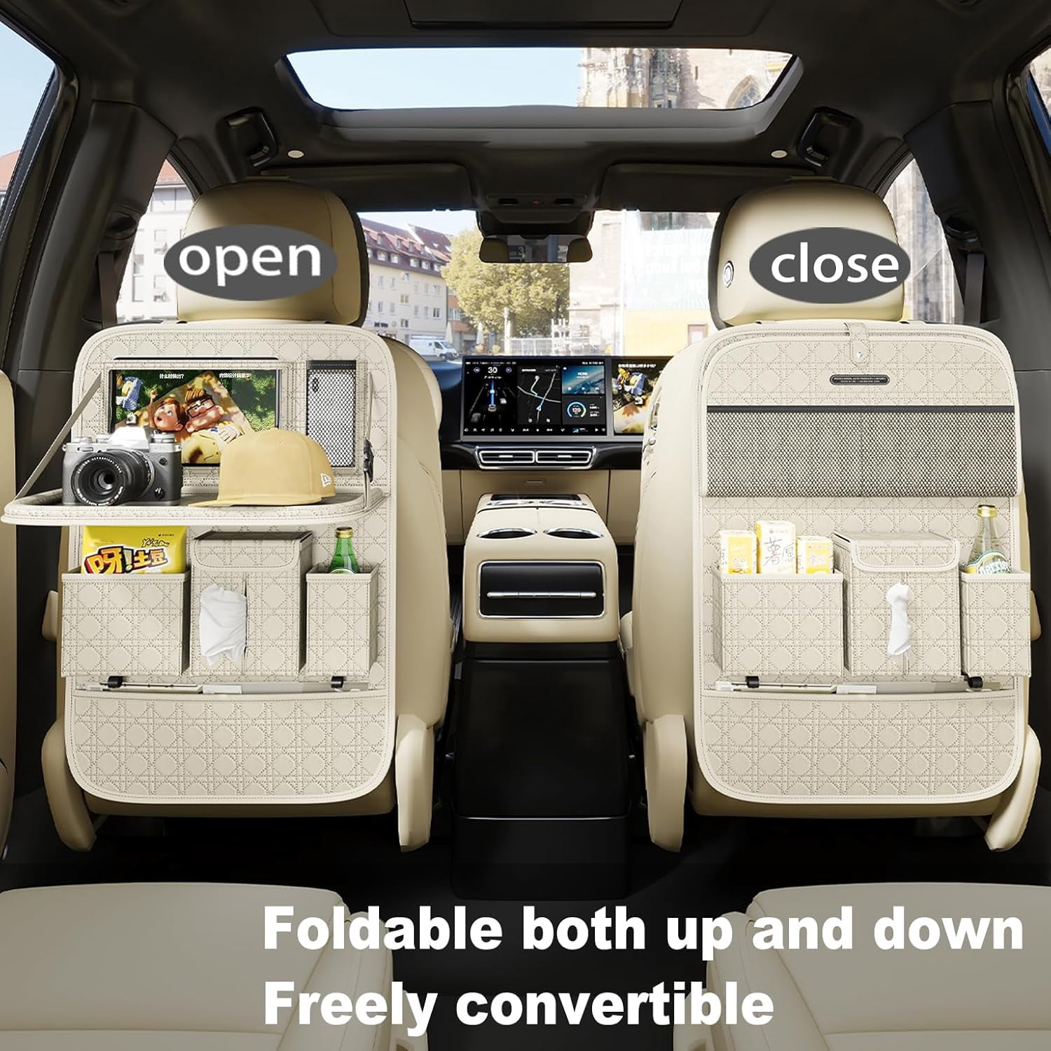 Backseat Car Organizer 1 Pack, Car Back Seat Organizers with Tray,Multifunctional Car Seat Back Organizer with Foldable Tablet Holder (Beige, 1 PC)