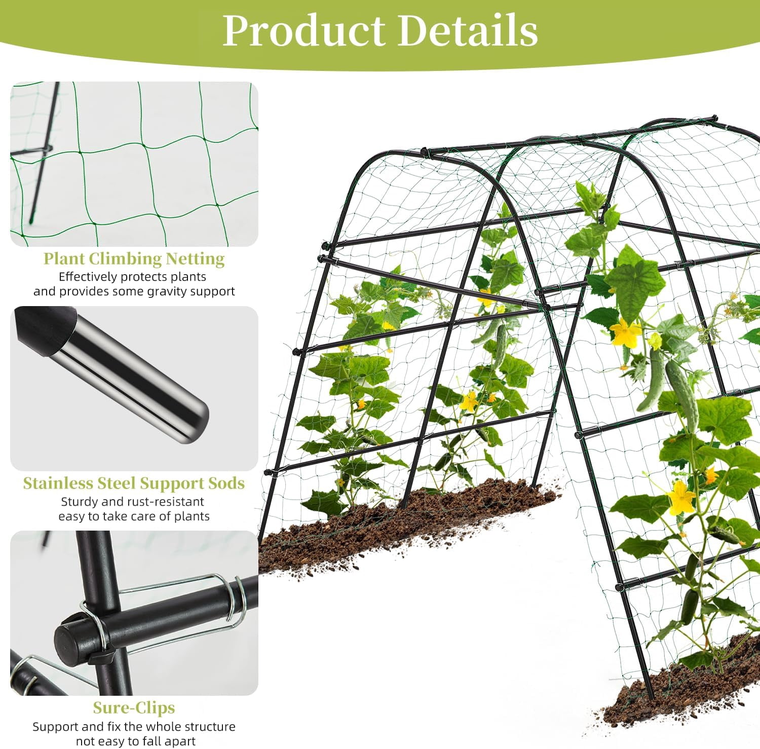 Cucumber Trellis for Raised Bed 67" x 67" U-Frame Garden Arch Tunnel with Netting Vegetable Fruit Flower Lightweight Metal Plant Support for Climbing Plants Outdoor,Black