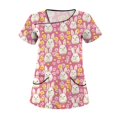 thumbnail image 3 of Printed Scrub Tops，Scrubs for Women Trendy Easter Printing Plus Size Scrubs Tops Casual V Neck Short Sleeve Uniform with Pocket，Pink，XL, 3 of 5