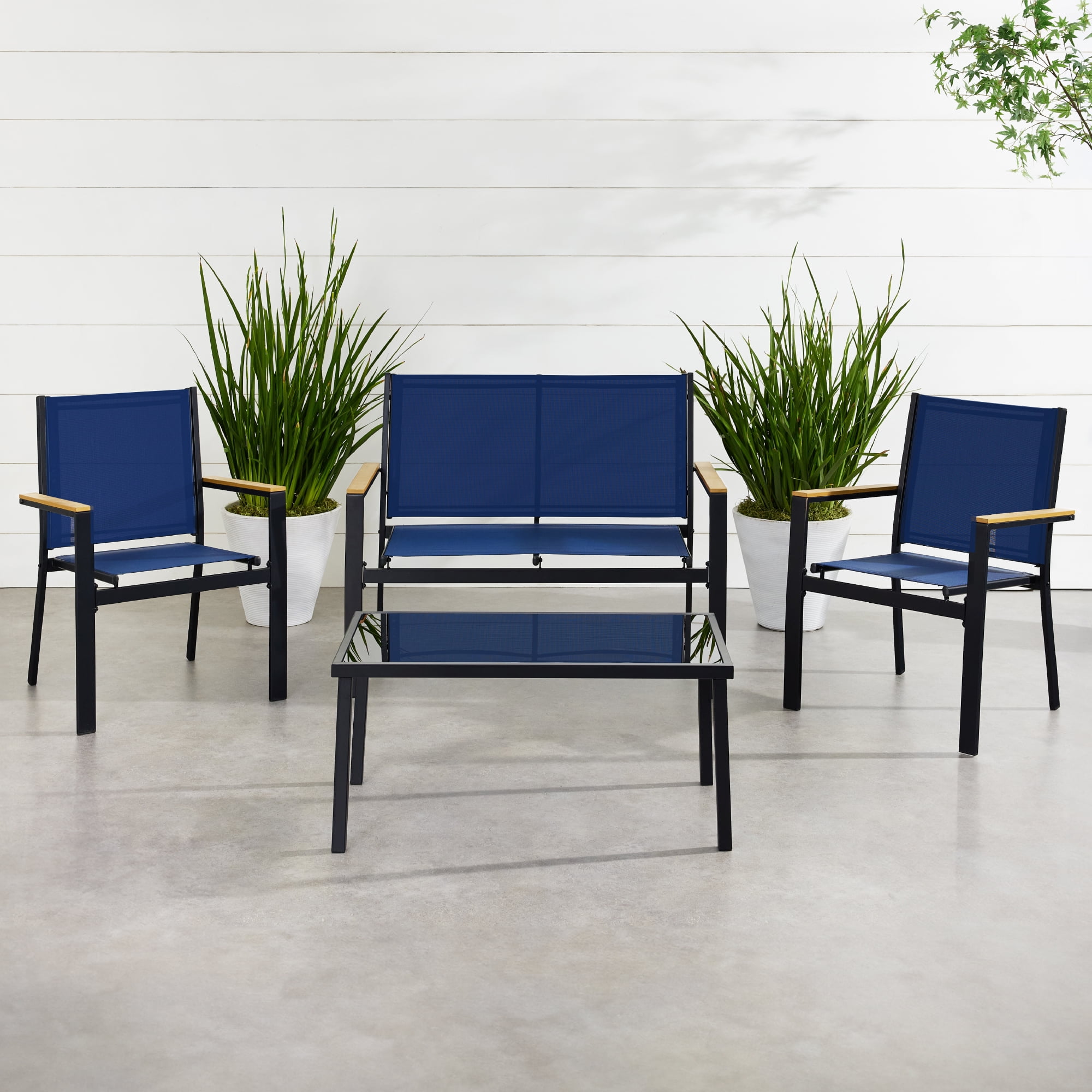 Best Choice Products 4-Piece Outdoor Textilene Patio Conversation Furniture Set w/ Loveseat, Table - Black/Navy