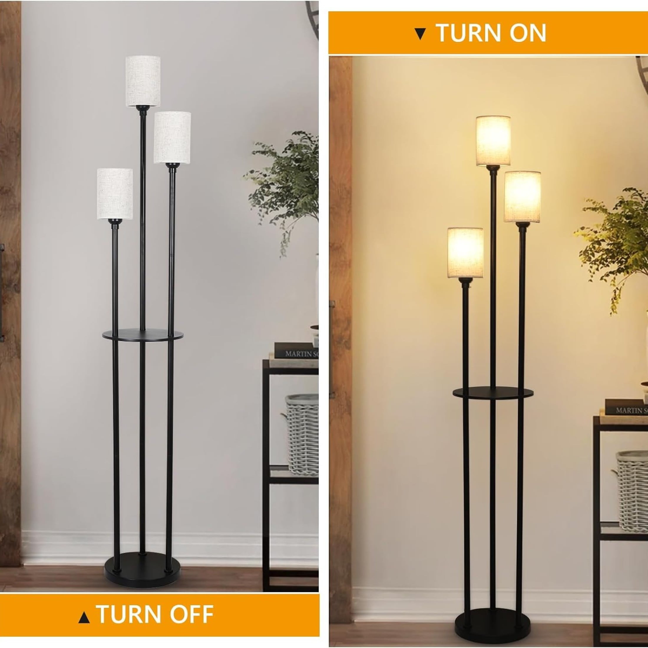 Noble House 3-Light Floor Lamp with Shelves, Black Industrial Tall Lamp with Linen Shades and Foot Switch, Black