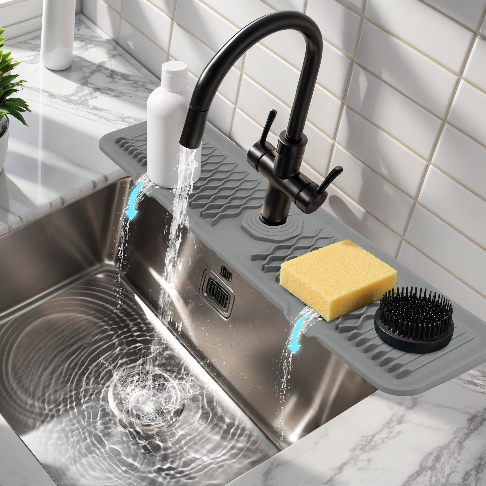 Longer Faucet Mat for Kitchen Sink Splash Guard, Kitchen Sink Mat,  Kitchen Sink Splash Guard, Kitchen Sink Area Behind Faucet Mat Gray 24.0*5.7 inch