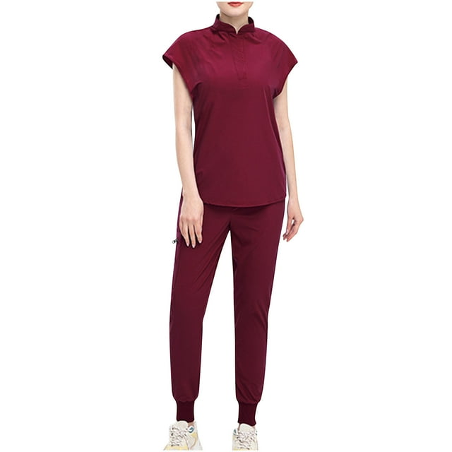 Scrubs Set for Women V-Neck Stretch Scrub Top and Drawstring Jogger Pants with 5 Pockets Anti Wrinkle Nursing Uniform Set Button Short Sleeve Long Pants Work Suit Burgundy