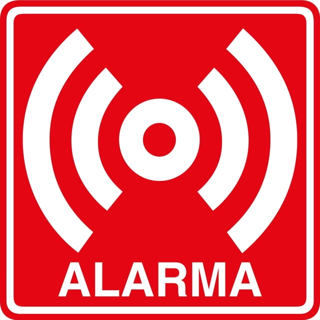 Señalamiento de seguridad y protección civil: "Alarma", rojo y blanco. Plástico estireno calibre 40, para interiores y exteriores. Medidas: 20x 20 cm. Señalética, Letrero, Señal cuadrada informativa.