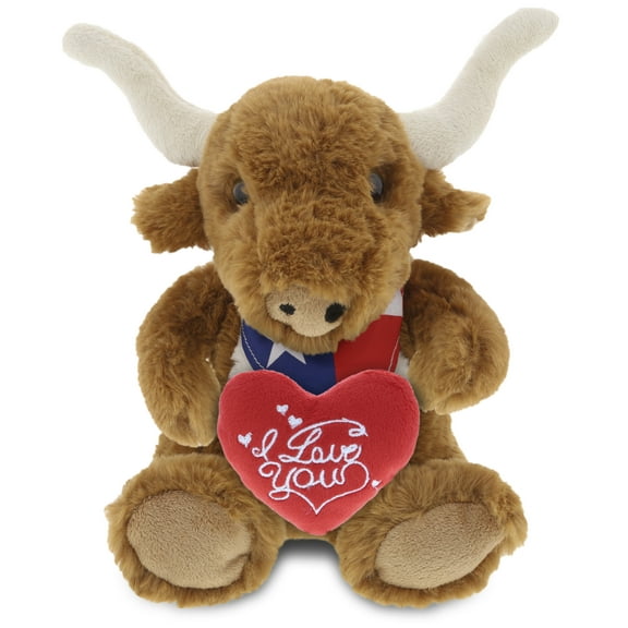 DolliBu I LOVE YOU Plush Texas Longhorn - Cute Stuffed Animal Texas Longhorn with Red Heart Plush for Valentines, Anniversary, Romantic Date, Boyfriend, or Girlfriend Gift - 8 Inches